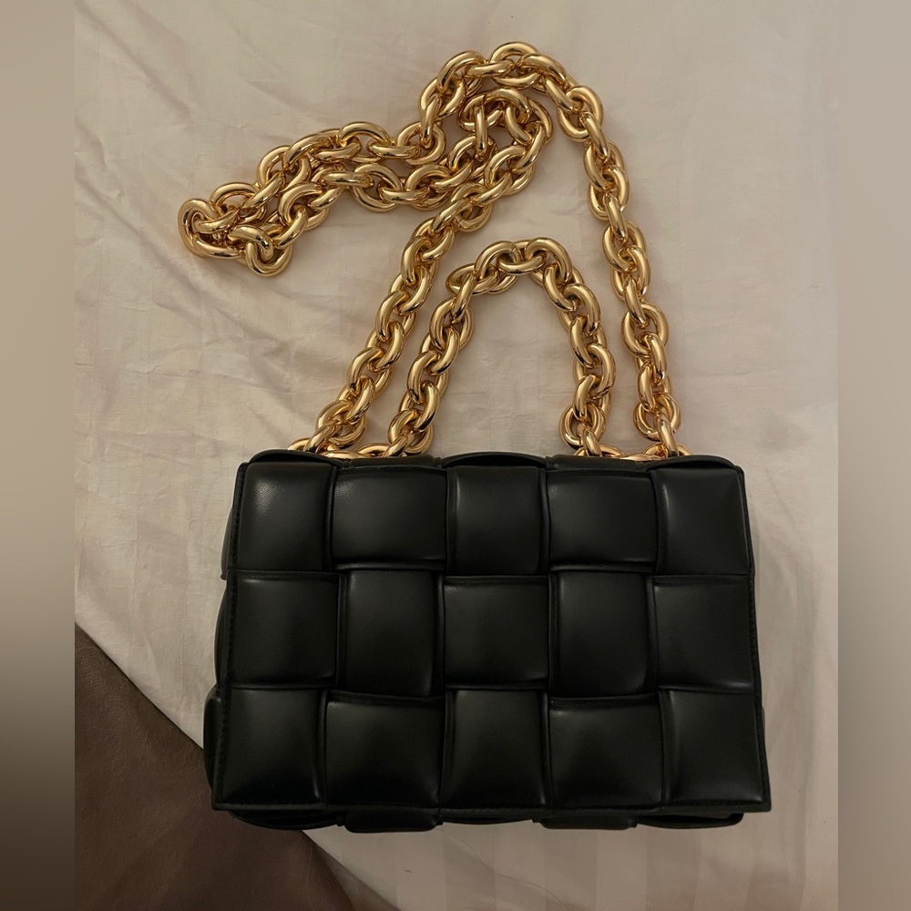 Bottega Veneta black cassette bag with gold chain